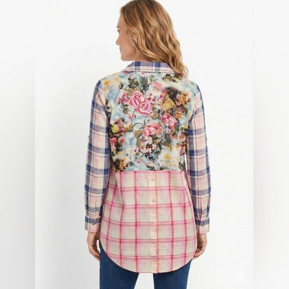 Soft Surroundings Tops - Soft Surroundings Plaid Floral Embroidered Button Down Tunic Small 100% Cotton